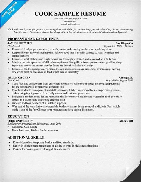 Cook Resume Resume Samples Across All Industries Pinterest Resume