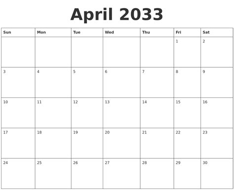 April 2033 Blank Calendar Template