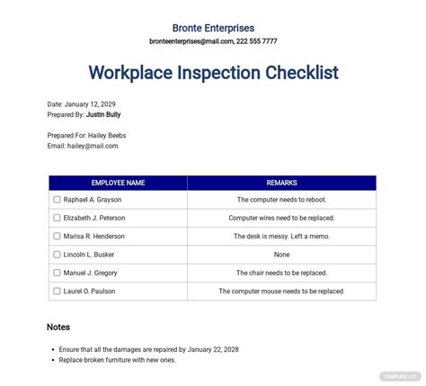 Workplace Inspection Checklist Printable Free