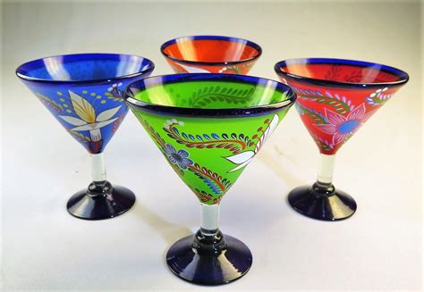 Mexican Glass Margarita Martini Hand Painted Flowers Mixed 14 Oz Set Of 4