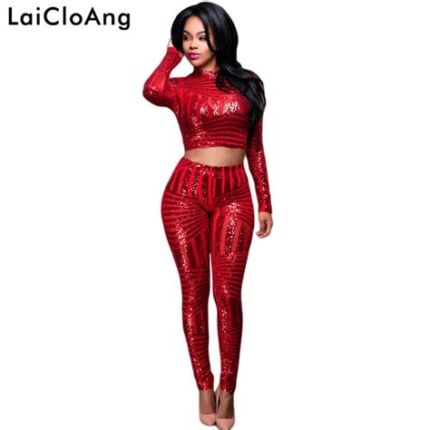 Laicloang Sequins Skinny Sexy Two Piece Set Jumpsuit Women Long Sleeve O Neck Elegant Rompers