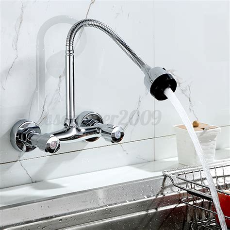 360° Pipe Swivel Wall Mount Chrome Pull Down Kitchen Sink Spray Faucet
