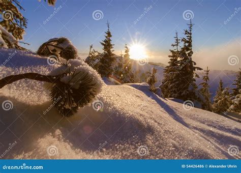 Sun Set In Mountains With Winter And Cold Scenery Stock Photo Image
