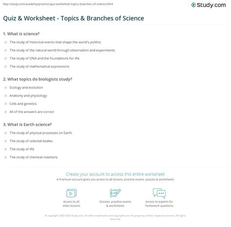 Quiz And Worksheet Topics And Branches Of Science