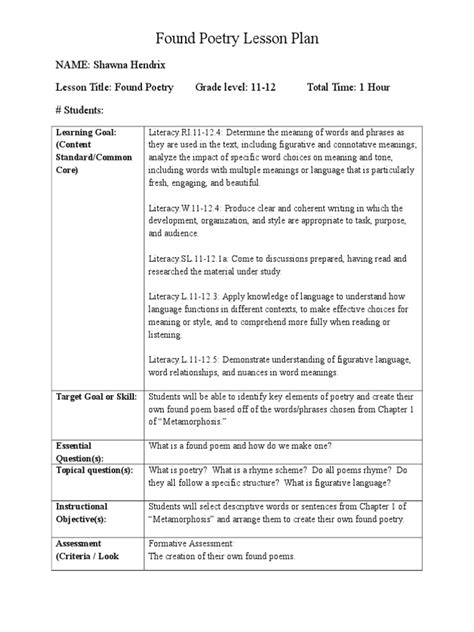 Found Poetry Lesson Plan Poetry Lesson Plan
