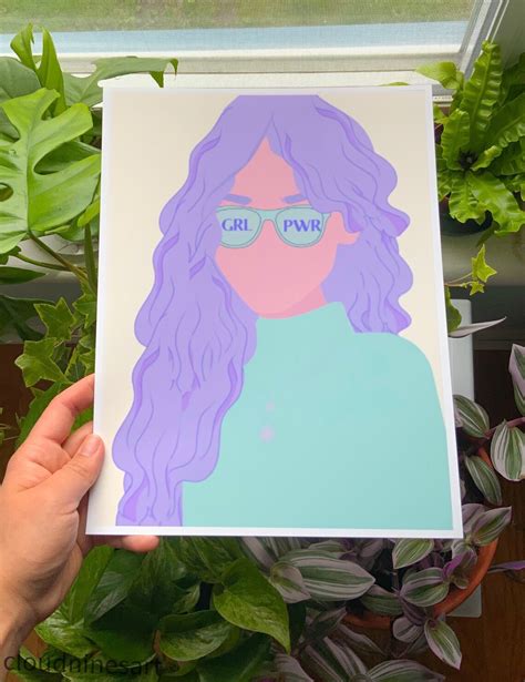 Grl Power Purple Haired Feminist Quote Cute Art Print Etsy