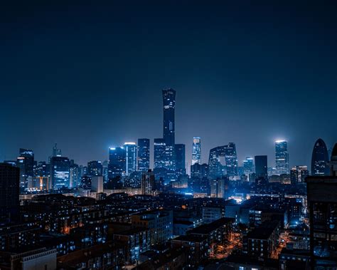 Download Wallpaper 1280x1024 City Aerial View Buildings Night