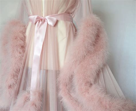 Skin Pink Feather Dressing Gown Sexy Tulle Lingerie Marabou Etsy