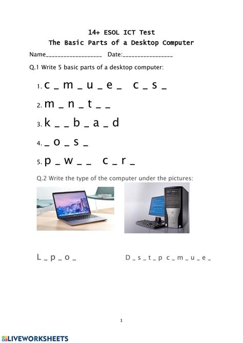 Ict Basic Parts Of Computer Worksheet