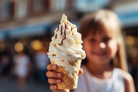 Premium Ai Image A Girl With Curly Hairs Holds Ice Cream In Her Hands Generative Ai