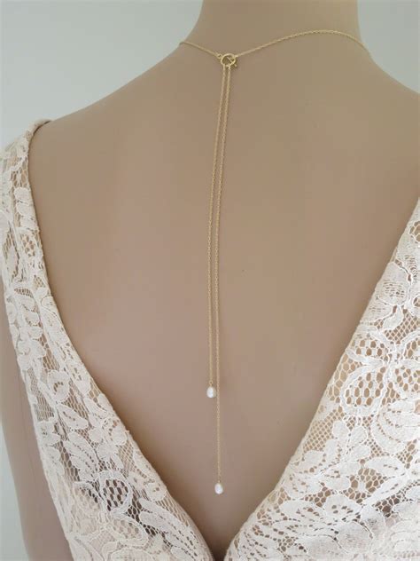 Pearl Backdrop Necklace Simple Pearl Necklace Bridal Back Necklace Gold