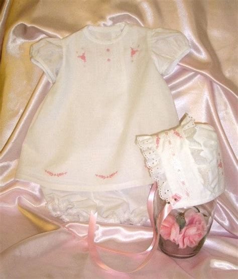 Newborn Baby Girls White Dress Bonnet And Diaper Cover Set Etsy