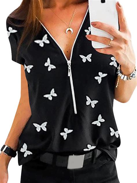 Twzh Women Butterflies Graphic Print V Neck Zip Up Short Sleeve T Shirt