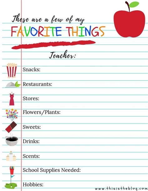 Teacher Favorite Things List Free Printable