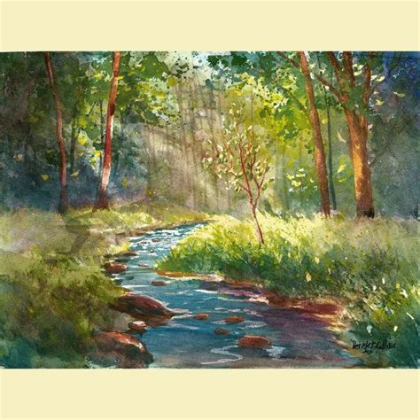 Watercolor Landscape Painting Print Creek And Tree Summer Etsy
