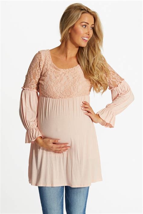 Light Pink Lace Top Bell Sleeve Maternity Tunic Light Pink Lace Top