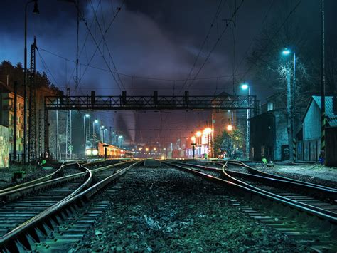 Train Station During Nighttime Wallpaper Railway Railway Crossing