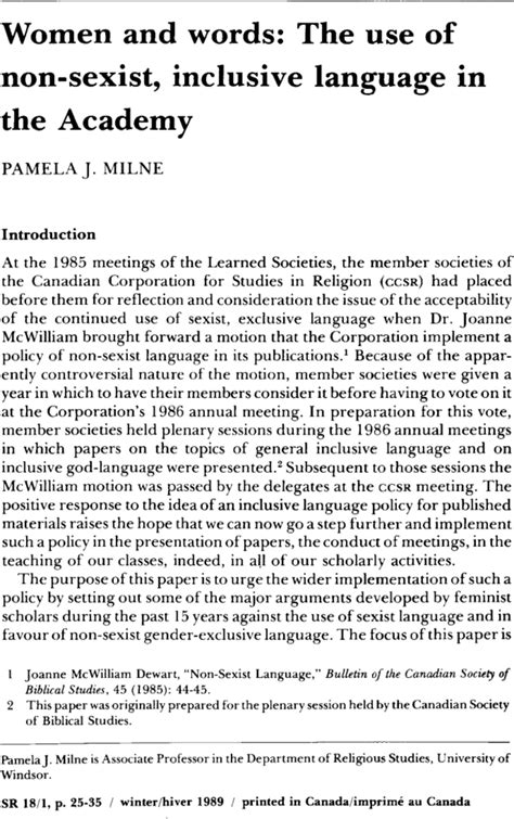 Women And Words The Use Of Non Sexist Inclusive Language In The Academy Pamela J Milne 1989
