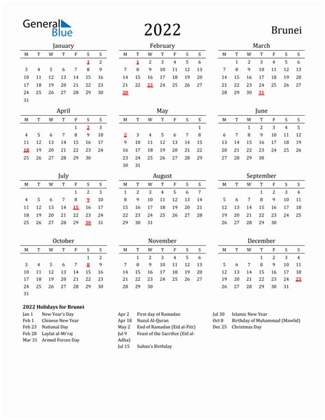 Free Brunei Holidays Calendar For Year 2022