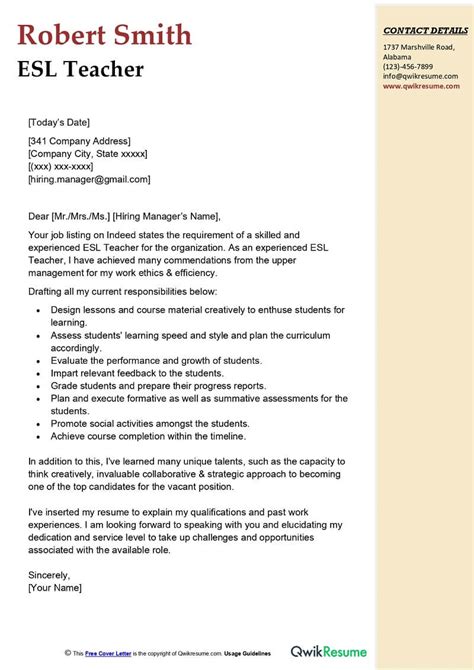 Esl Cover Letter Sample