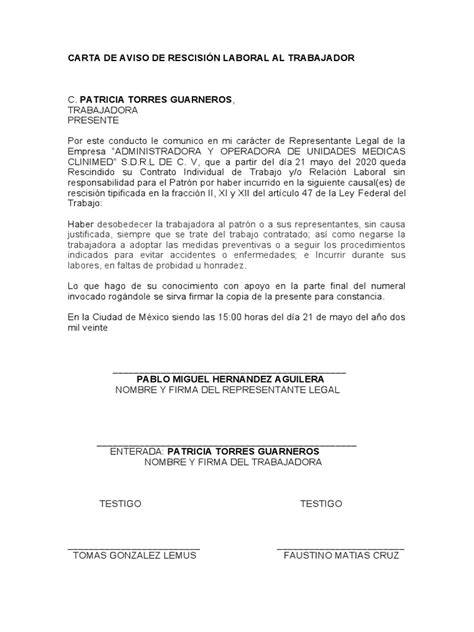 Carta De Aviso De Rescisión Laboral Alma Rosa Castrejon Pdf