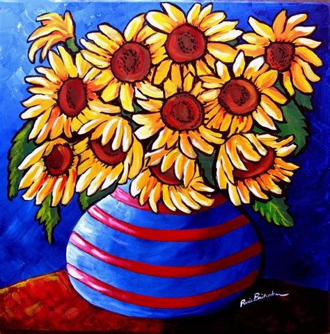 Sunflowers In Striped Vase Whimsical Folk Art Colorful Giclee