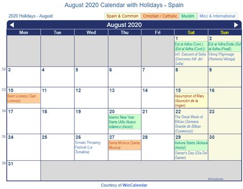Looking for august holidays or special dates to celebrate on social media? Print Friendly August 2020 Spain Calendar for printing