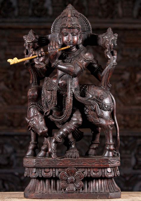 Sold Dark Wooden Hindu God Gopal Krishna Standing With A Cow Playing The Flute Sculpture 24