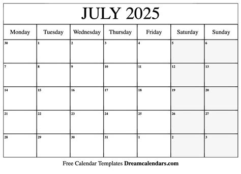 July 2025 Calendar Free Blank Printable Templates