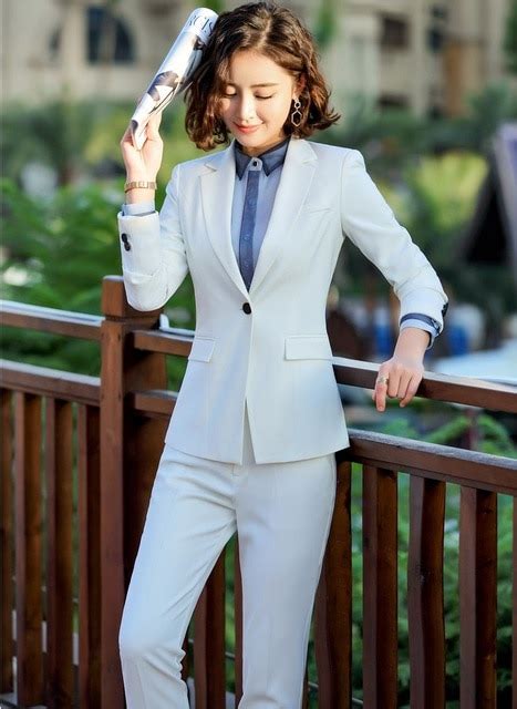 Ladies White Women Business Suits With Jackets Coat And Pencil Pants