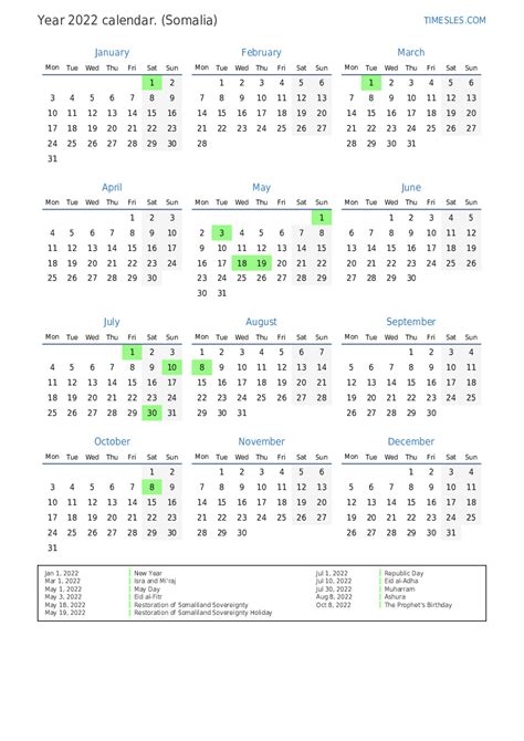 Calendar For 2022 With Holidays In Somalia Print And Download Calendar