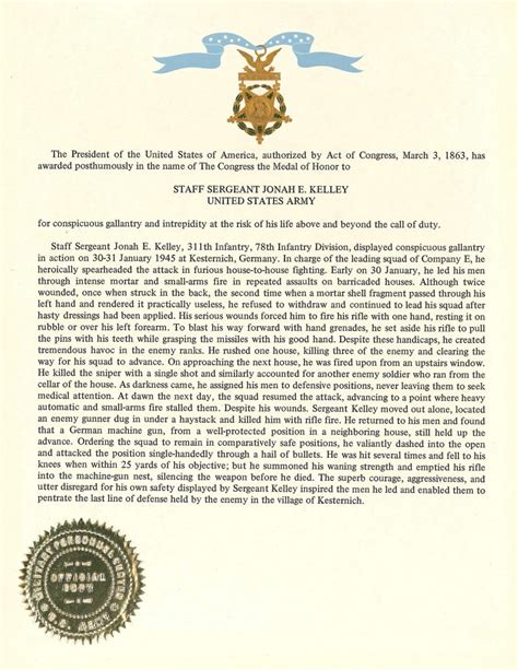Congressional Medal Of Honor Citation Jonah Edward Kelley