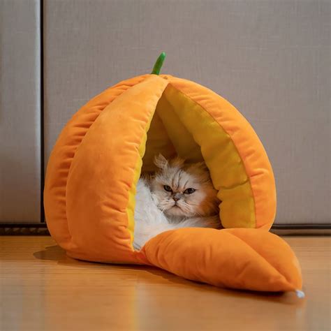 Pumpkin Hooded Dome Pet Bed Small Cat Cave Velvet In Orange In 2021