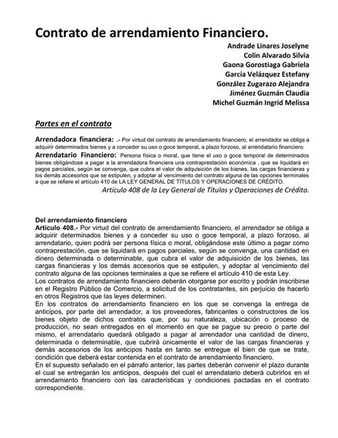 Contrato De Arrendamiento Financiero Ejemplos Y Formato Para Imprimir