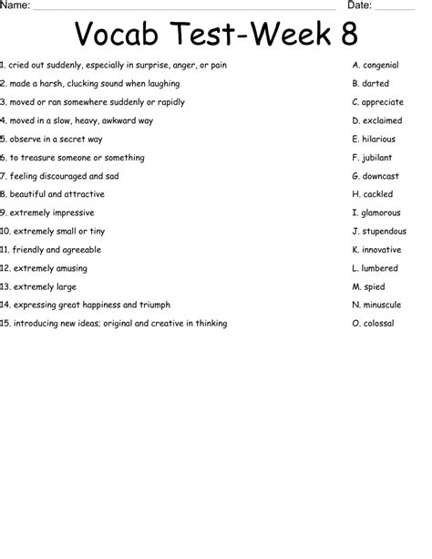 Vocab Test Week 8 Worksheet Wordmint