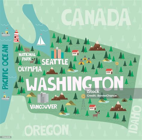 Illustrated Map Of The State Of Washington In United States With Cities