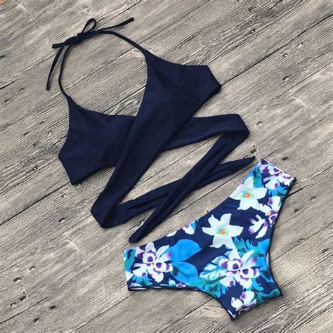 2018 women sexy bikini ladies bandage floral printed swimwears female halter bikinis set