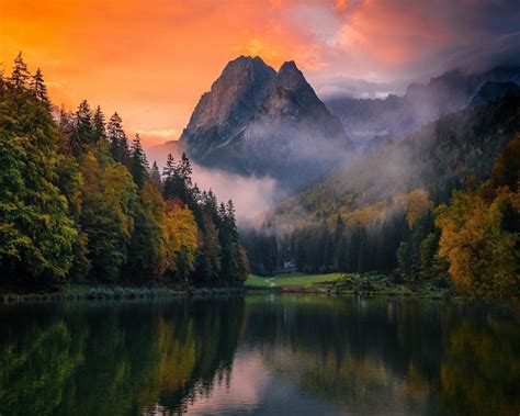 Nature Landscape Lake Mountain Sunset Fall Forest Water Sky Clouds