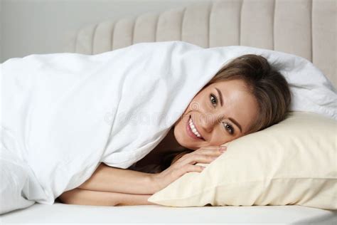 Portrait Of Happy Beautiful Woman In Bed At Home Stock Image Image Of