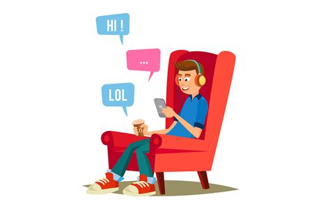 Teen Boy Vector Happy Boy Talking Chatting On Network Devices And