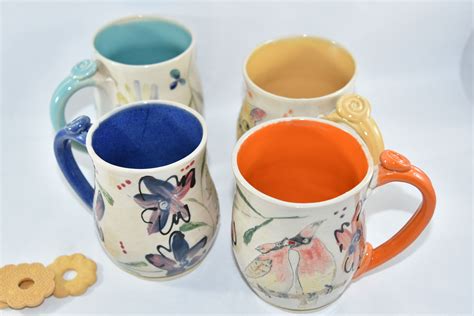 Hand Made Four Coffee Mugs Set Artistic Carved And Glazed Ceramic Mugs 16 20 Ounce Coffee Cups