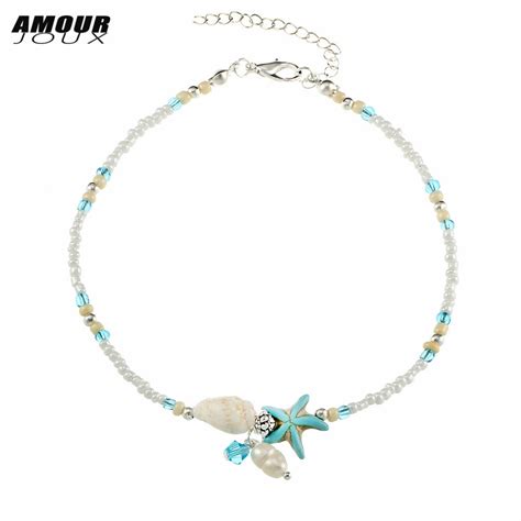 Amourjoux Summer Style Starfish Shell Charm Beaded Chain Anklets For