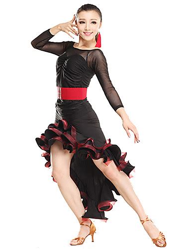 Latin Dance Outfits Womens Training Tulle Viscose Ruffles Long Sleeve Natural Ballroom