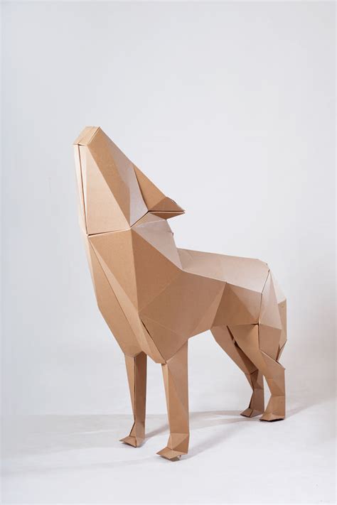 geometric cardboard sculptures carboard wolves