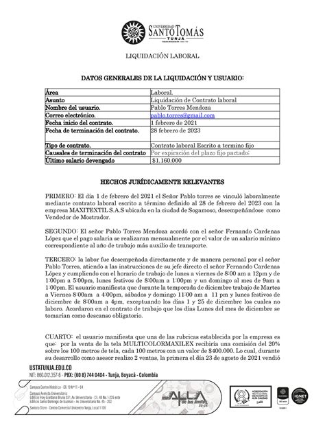 Liquidacion PARA Entrega LIQUIDACIN LABORAL DATOS GENERALES DE LA LIQUIDACIN Y USUARIO Rea