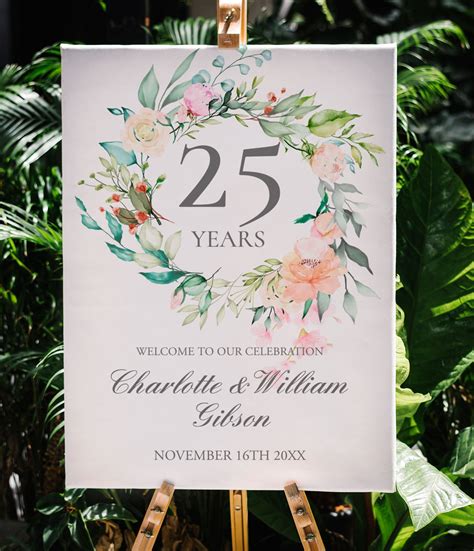 25th Anniversary Welcome Sign Silver Anniversary Floral Etsy