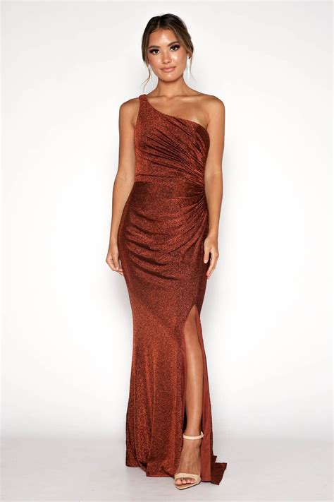 Cali One Shoulder Maxi Dress Shimmer Copper Noodz Boutique
