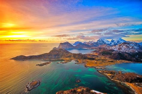 Sunset Lofoten Islands Sunset Ocean Sky Artic Norway Mountains