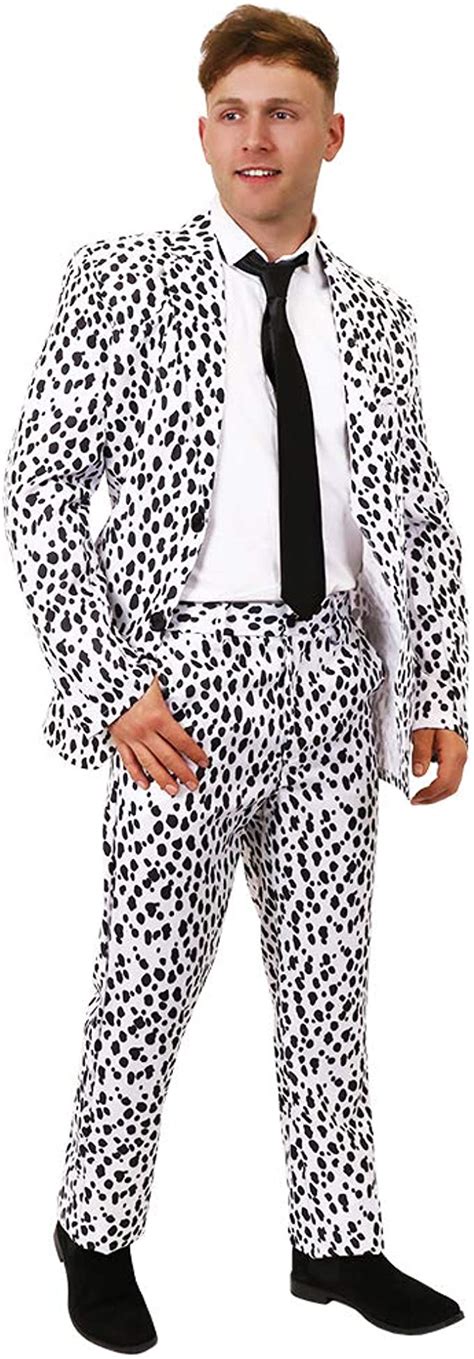 Mens Dalmatian Print Suit Fancy Dress Costume With Black Tie Size