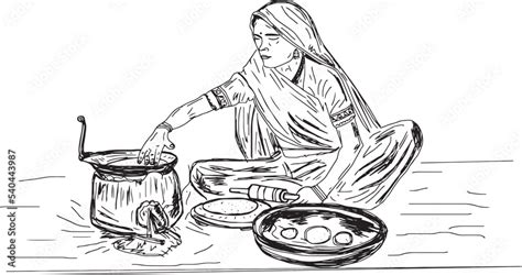 Indian Village Woman Making Food In Ancient Or Old Kitchen Poor Indian